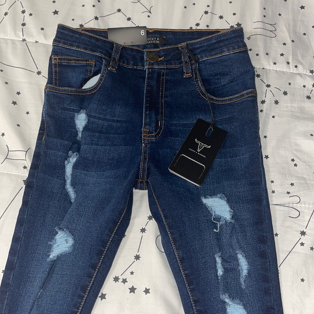 Lucky and blessed kids ripped jeans